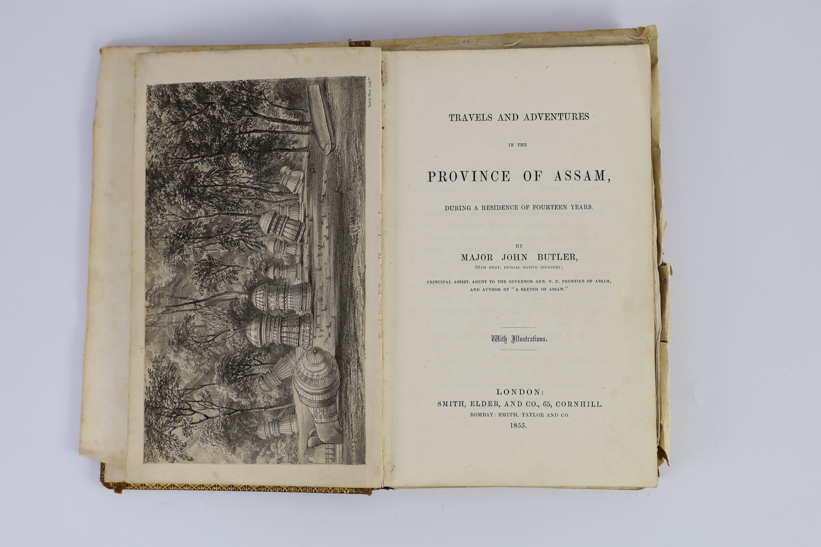 Butler, John, Major - Travels and Adventures in the Province of Assam, during a Residence of Fourteen Years, 8vo, pictorial calf gilt, with frontis, folding map and 8 tinted plates, front fly leaf inscribed, ‘’John Butle